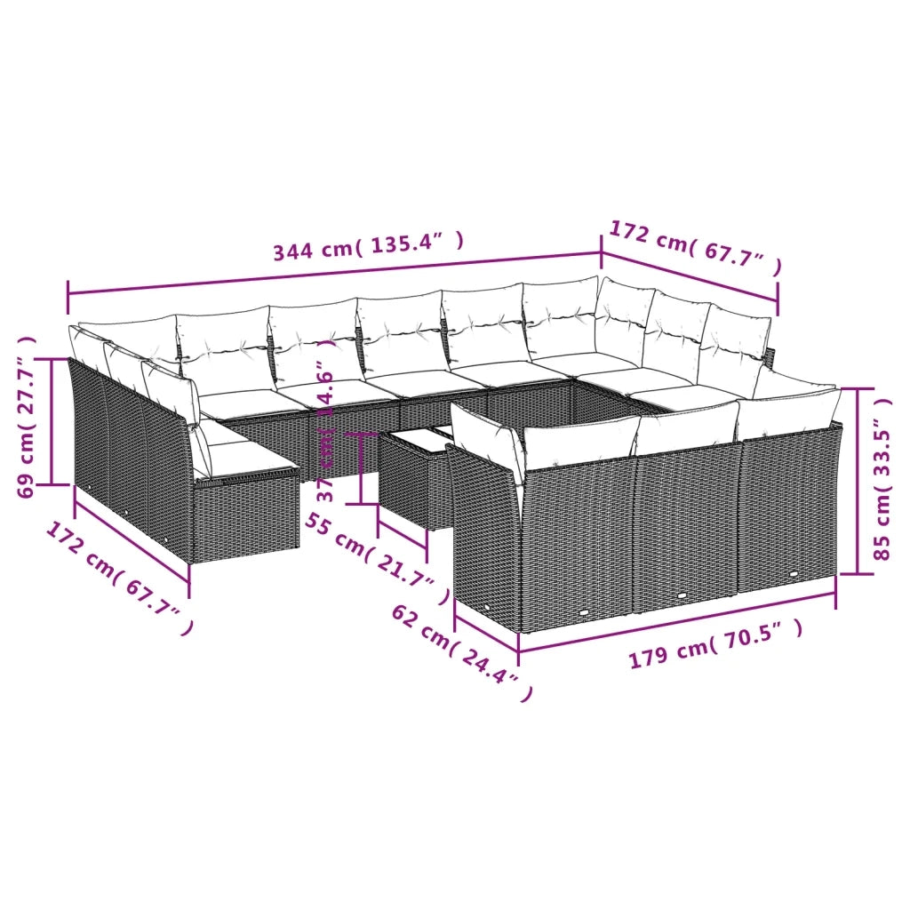 Set Divani da Giardino 14pz con Cuscini in Polyrattan Grigio