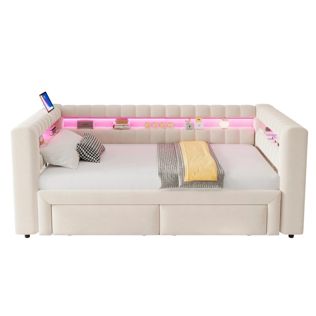 Letto estraibile imbottito in velluto beige con due cassetti vani contenitore LED USB e Type-C