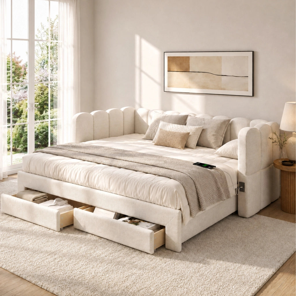 Divano letto con letto estraibile e cassetti, 90x200 cm, lino beige