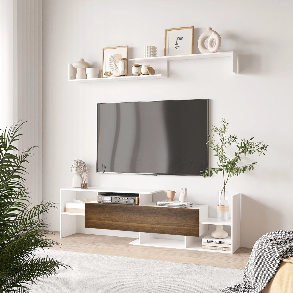 Mobile TV con Mensola a Muro, Ripiani Aperti e Armadietto Chiuso, in Truciolato Bianco e Marrone