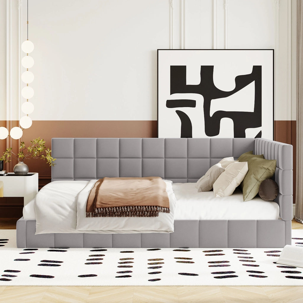 OKWISH Letto Divano 140×200 cm, Letto Matrimoniale con Schienale, Braccioli e Doghe, senza Materasso, in Tessuto Imbottito, Grigio