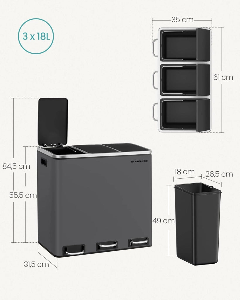 SONGMICS Cestino da Cucina, Pattumiera per Raccolta Differenziata 3 x 18L, 3 Scomparti per Riciclaggio, Coperchi a Chiusura Morbida, Pedali, Acciaio, Grigio Opaco LTB054G01