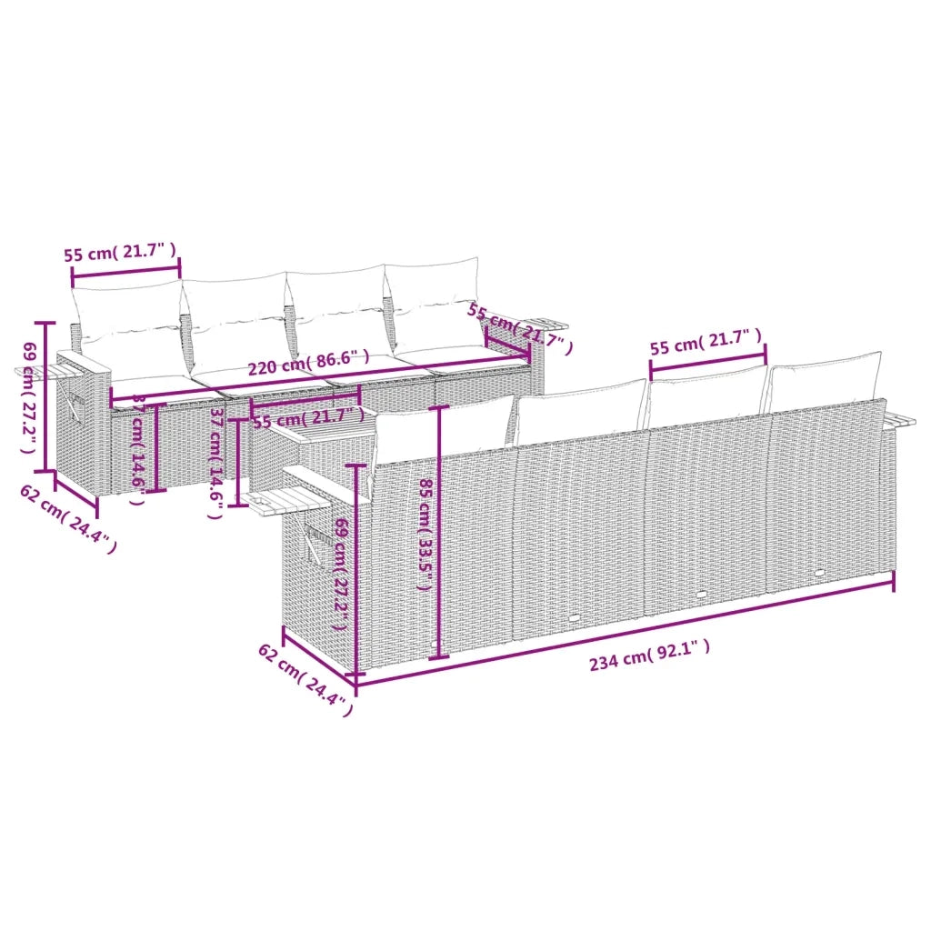 Set Divano da Giardino 9 pz con Cuscini Grigio in Polyrattan