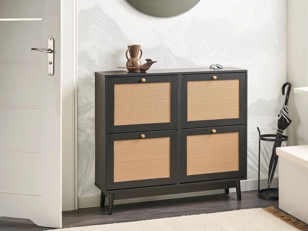 Armadietto porta scarpe in truciolato nero Rattan 4 scomparti Boho Design Hallway