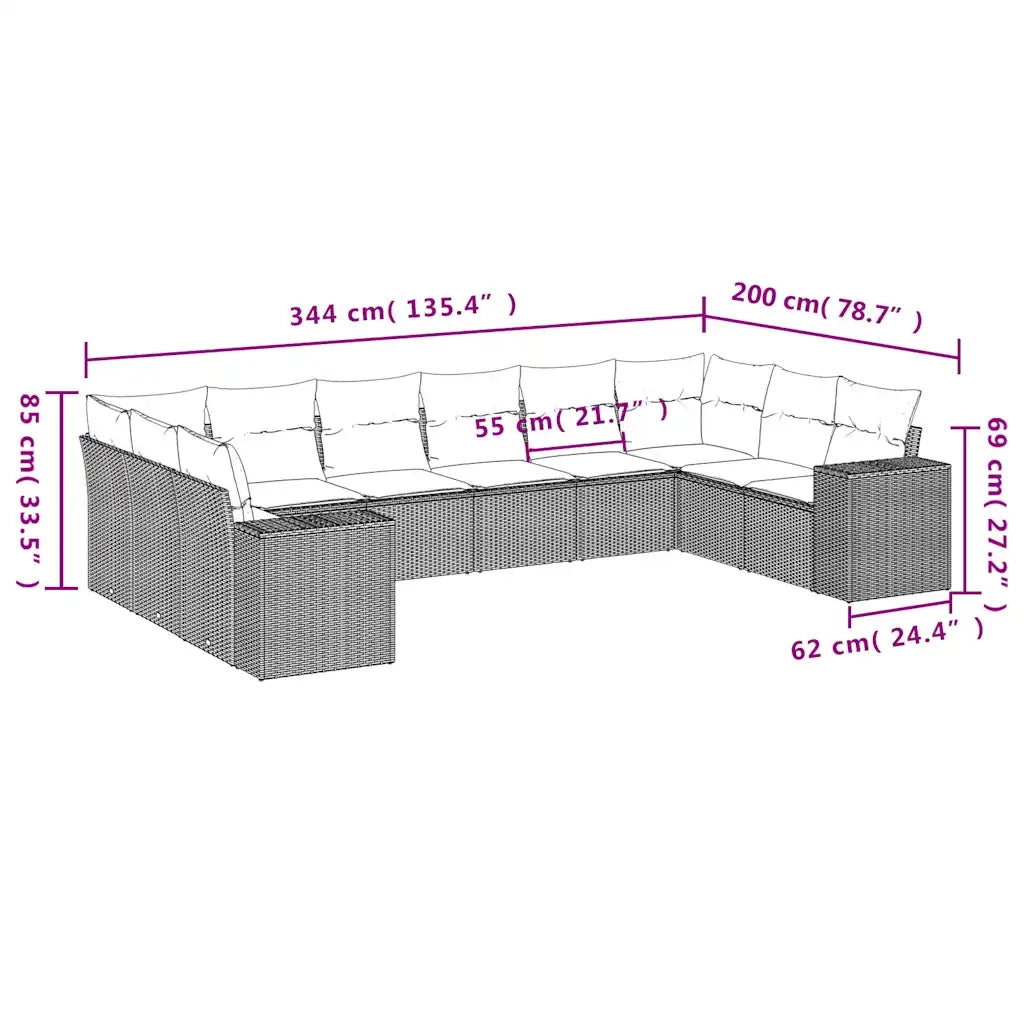 Set Divani da Giardino 10pz con Cuscini in Polyrattan Marrone