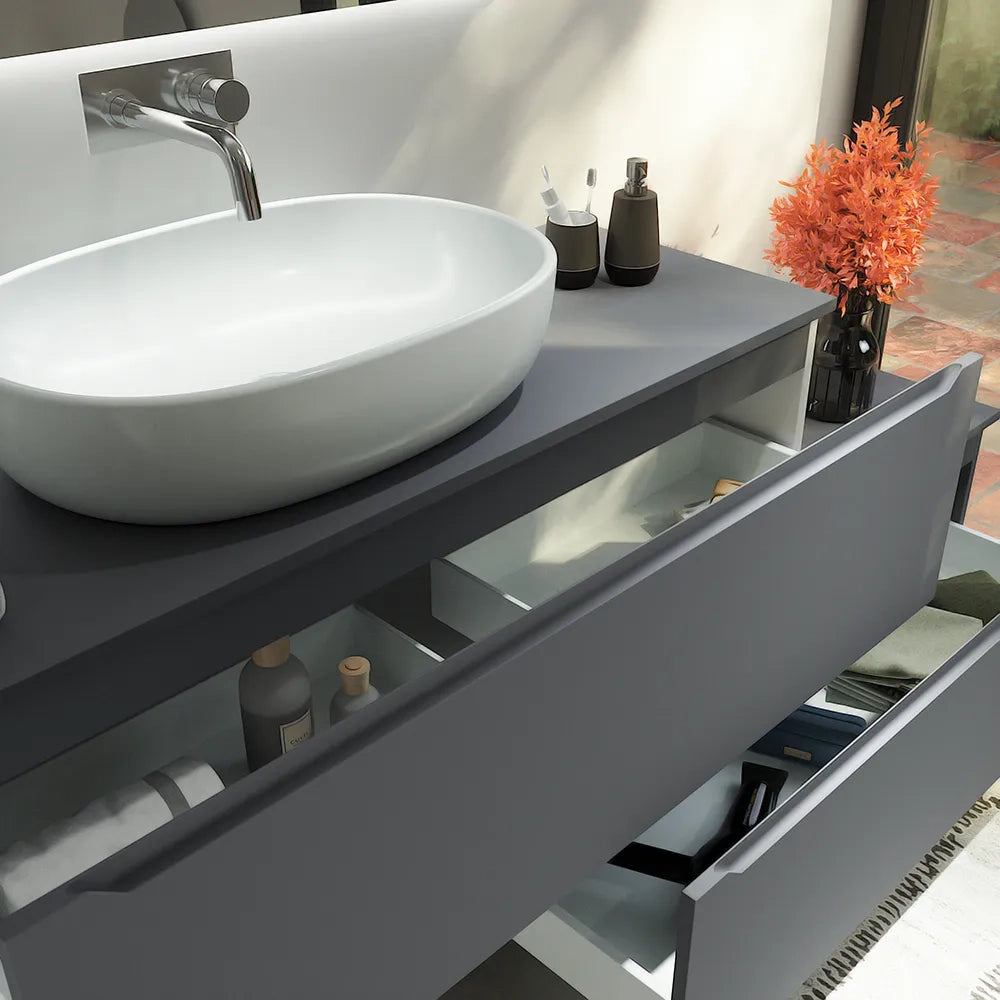 Mobile bagno sospeso modulare 90 cm grigio opaco due cassetti con top | Bako