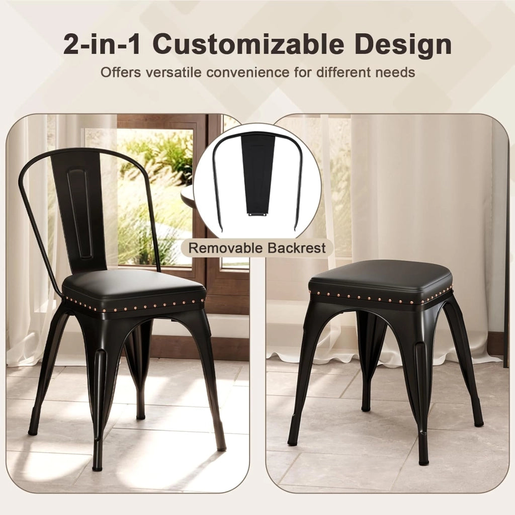 Set di 4 sedie da pranzo impilabili, da cucina, da bistrò, con schienale rimovibile, imbottite, da soggiorno, da pranzo, in metallo, portata 150 kg, 44 x 53 x 84 cm (nero)