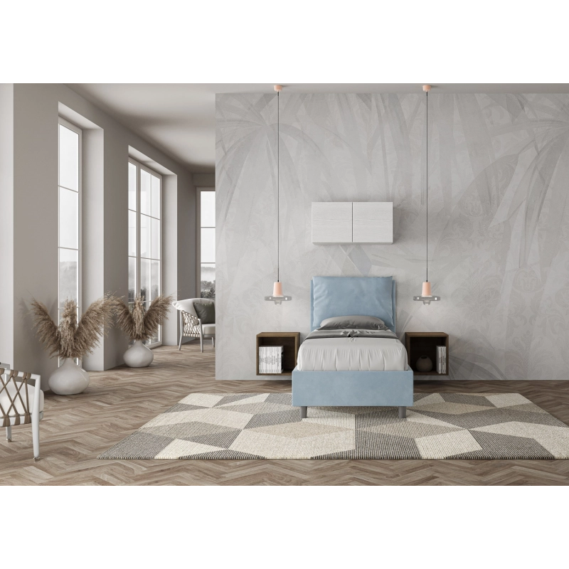 Letto imbottito Singolo 80x190 cm Antea - Contenitore,Microfibra,Azzurro