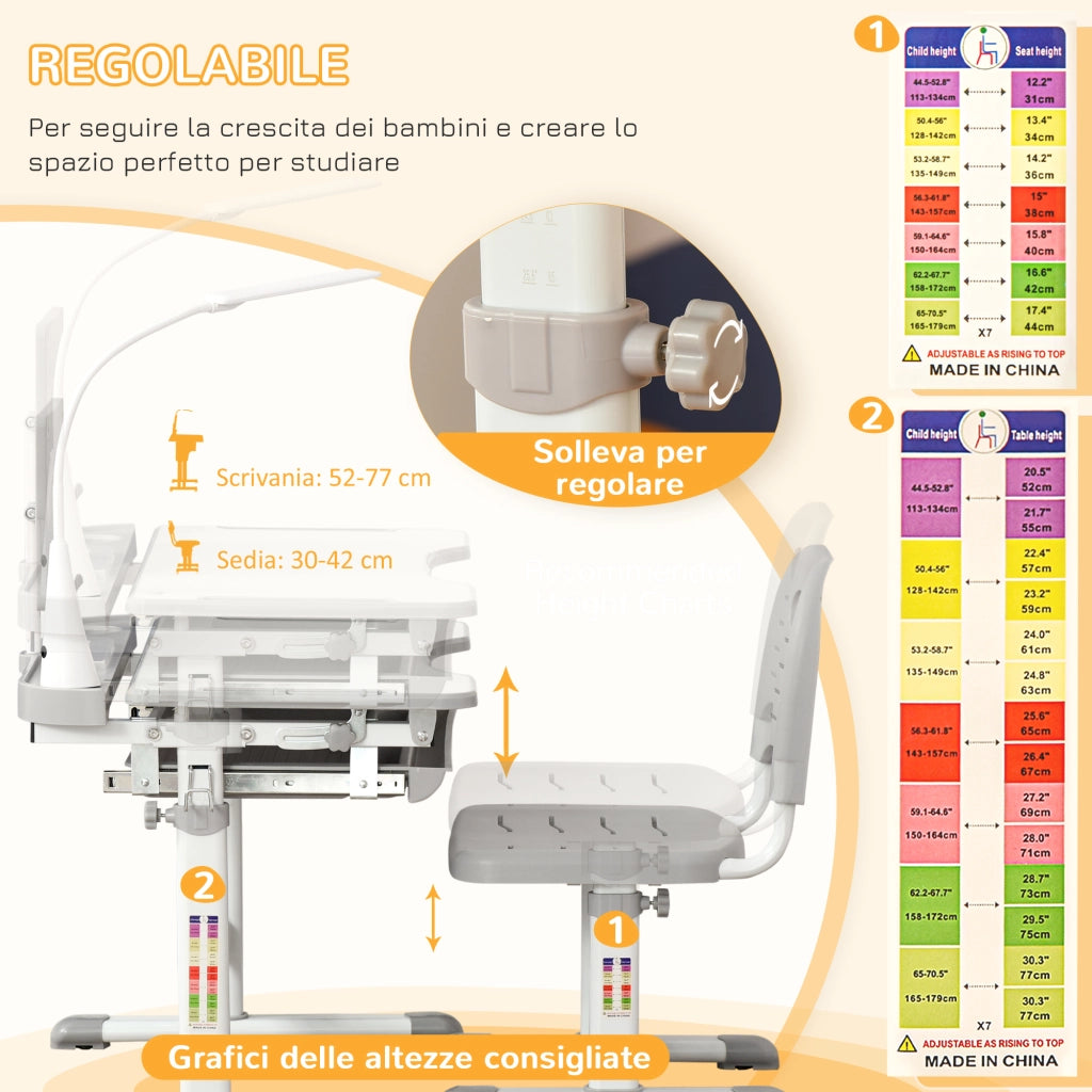 EasyComfort Banco Scuola con Sedia per Bambini 6-12 Anni con Altezza e Inclinazione Regolabile, Grigio
