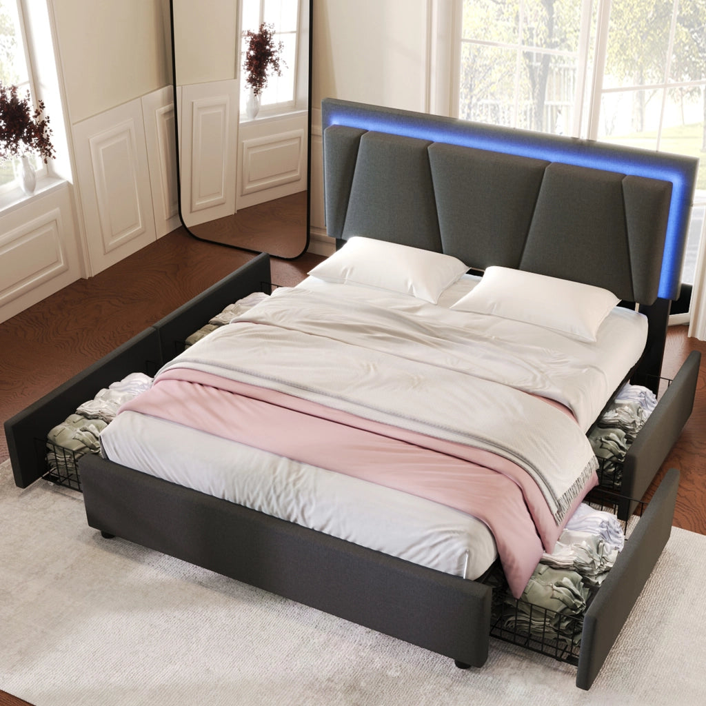 Letto matrimoniale 160 × 200 cm con LED, testiera regolabile e 4 cassetti, senza materasso, grigio