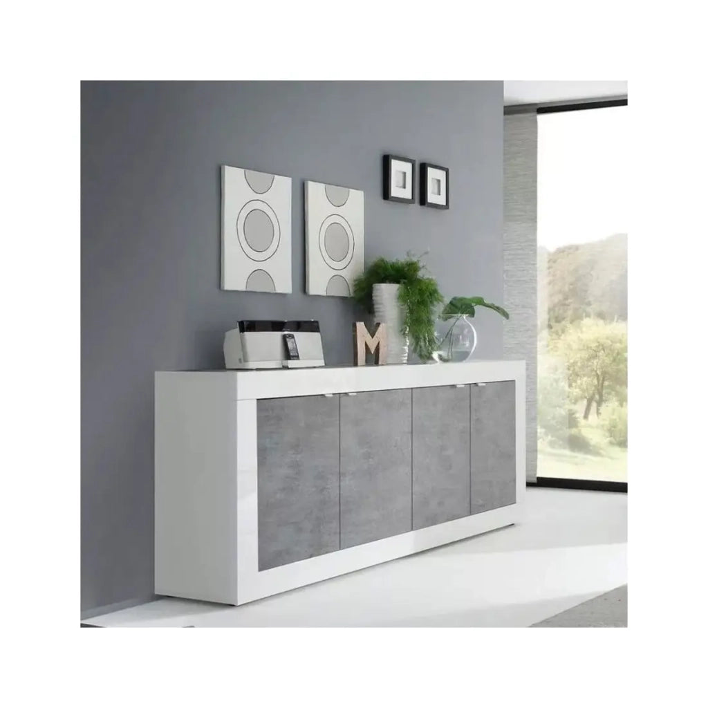 Buffet 4 porte, collezione ISORA, bianco lucido laccato/rovere chiaro, ideale per soggiorno moderno