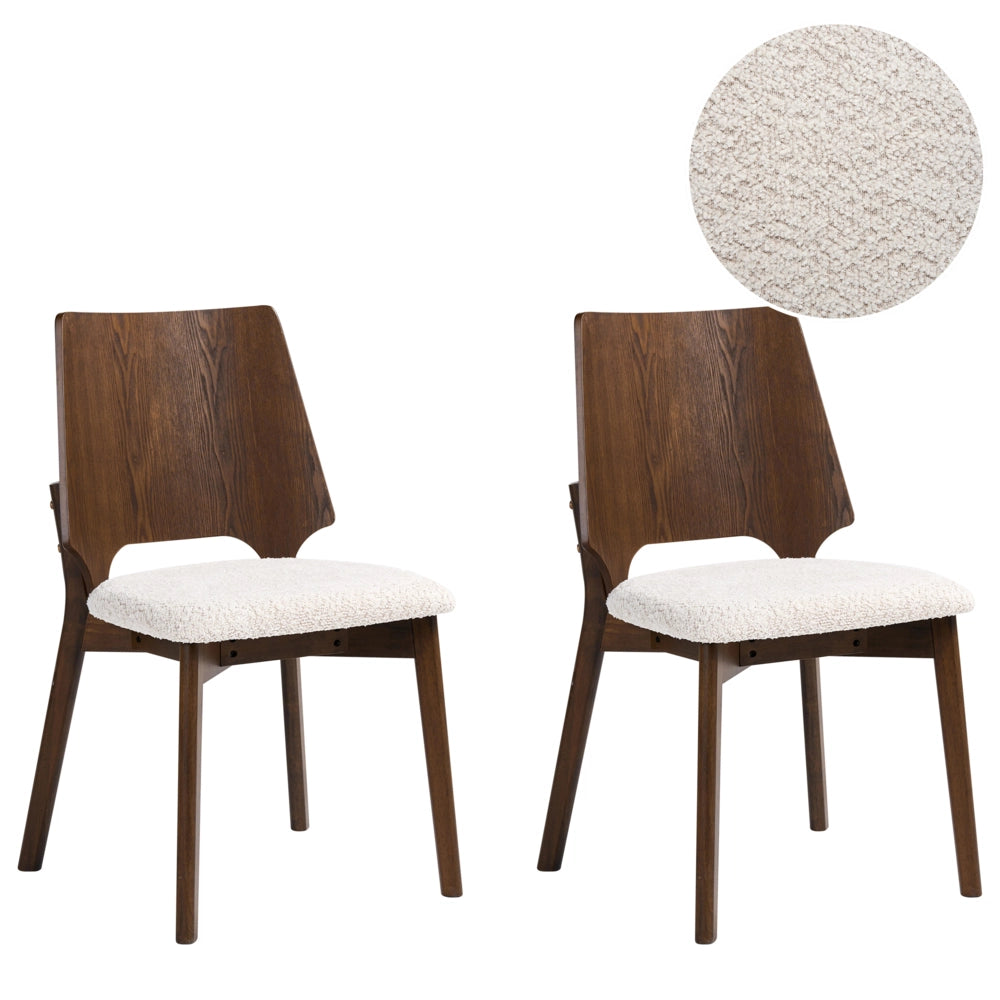 Set di 2 sedie da pranzo marroni e beige chiaro in compensato bouclé con gambe in legno di gomma senza braccioli stile retrò tradizionale