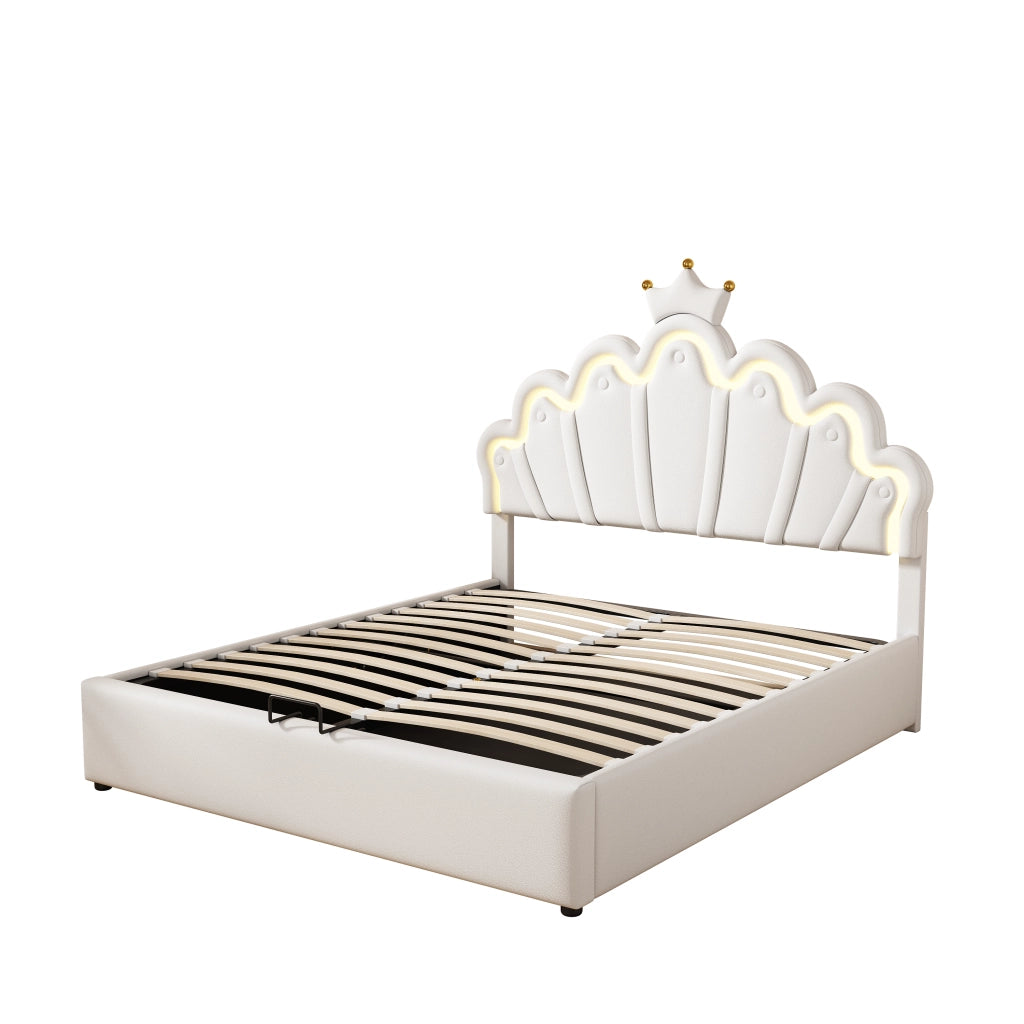OKWISH Letto Contenitore 140×200 cm, Letto Matrimoniale con LED Regolabile e Testiera a Corona, senza Materasso, in PU, Bianco
