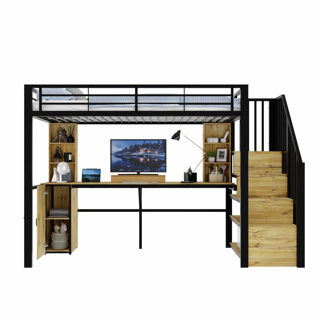 Letto a soppalco 90x200 cm con scrivania; contenitore e USB in metallo e MDF nero