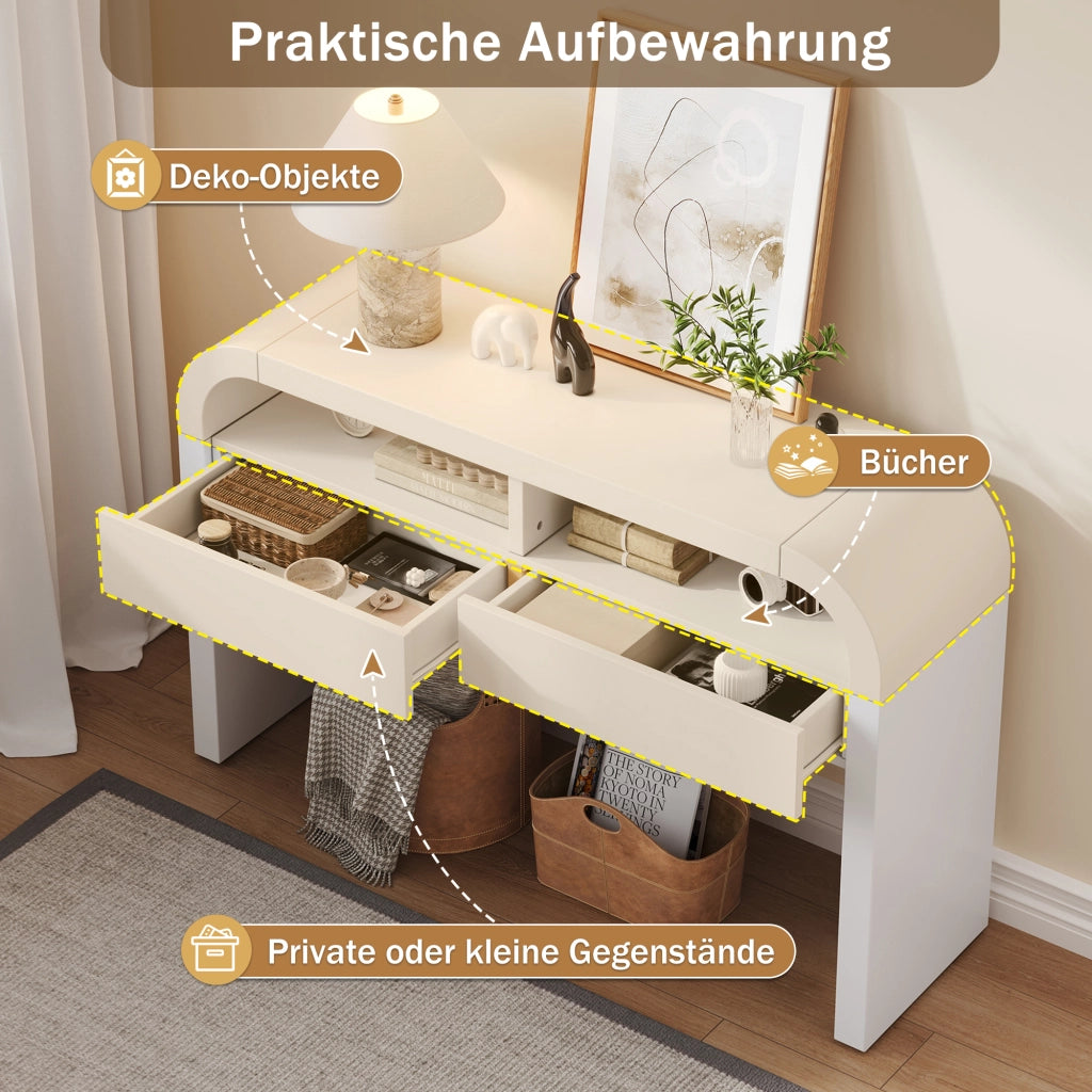 Consolle con 2 cassetti e vani aperti, piedini regolabili, per ingresso e soggiorno, in MDF bianco 120 × 35,5 × 76,5 cm