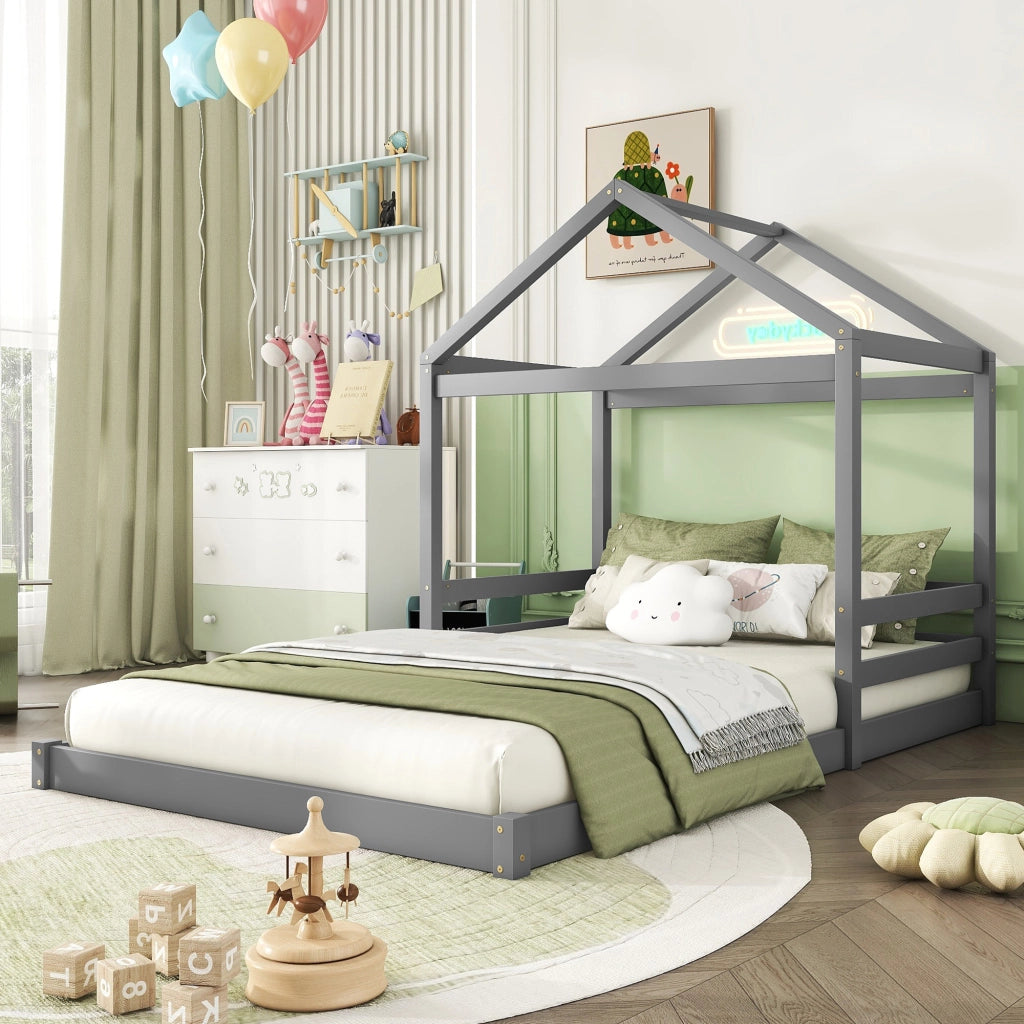 OKWISH Letto a Casetta 140×200 cm, Letto Matrimoniale con Rete a Doghe, senza Materasso, in Pino e MDF, Grigio