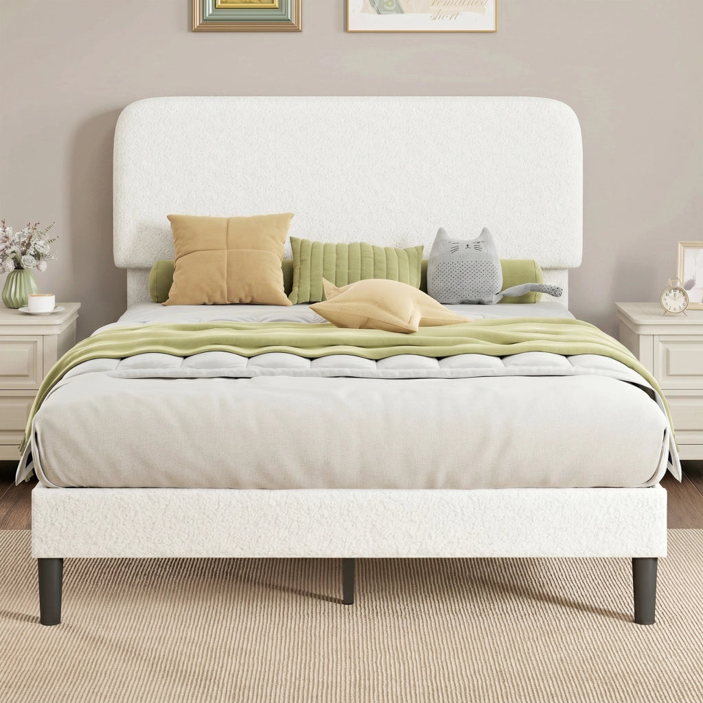 Letto matrimoniale imbottito in velluto con testiera regolabile e rete a doghe in metallo ¨C zephmum ¨C bianco 140x190
