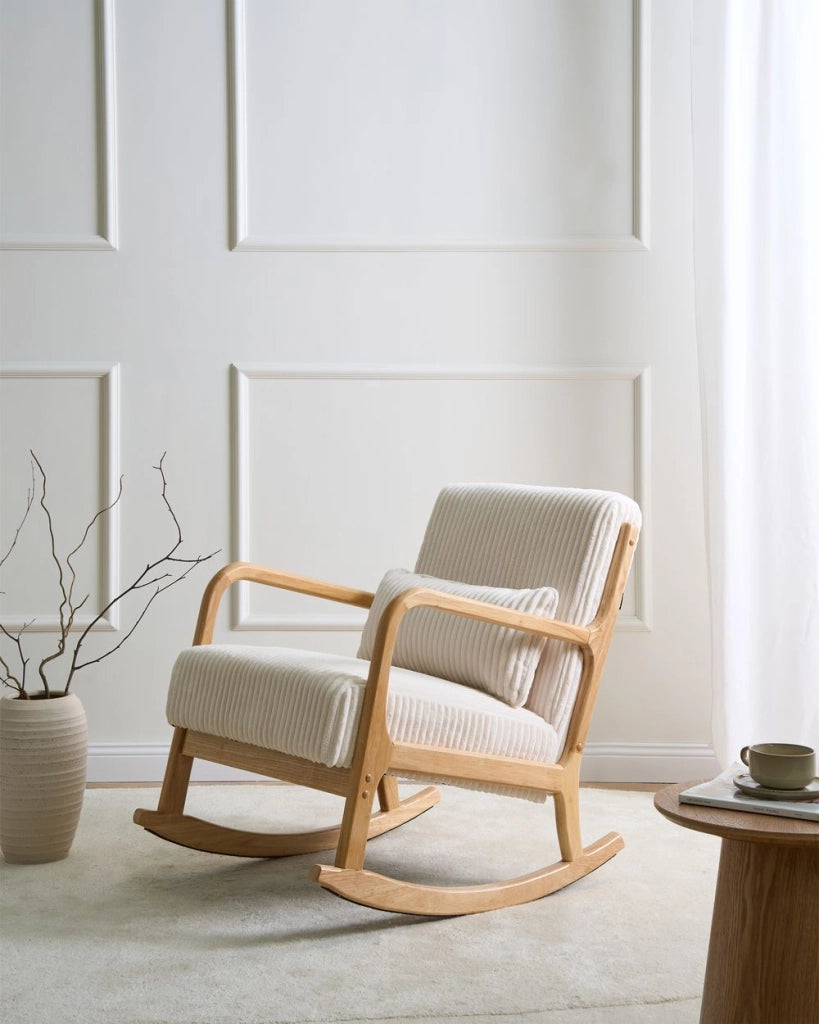 Poltrona a dondolo in velluto a coste Rivestimento in stile vintage Struttura in legno Bianco