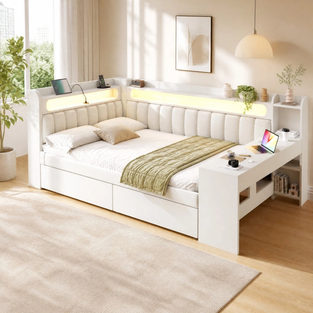 Letto da giorno imbottito 140x200 cm con LED; USB; scrivania e 2 cassetti bianco