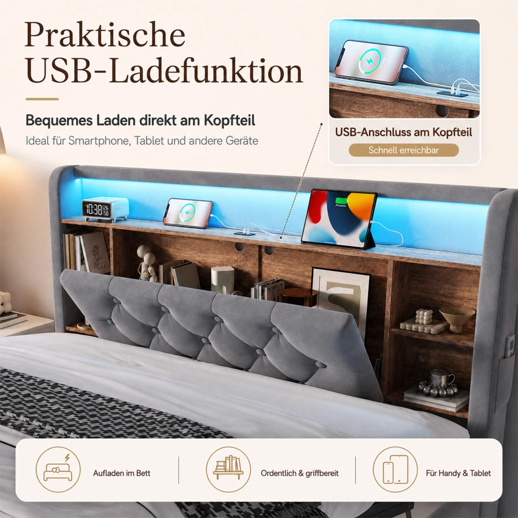 LETTO Contenitore 140x200 cm in velluto grigio con testiera multifunzione