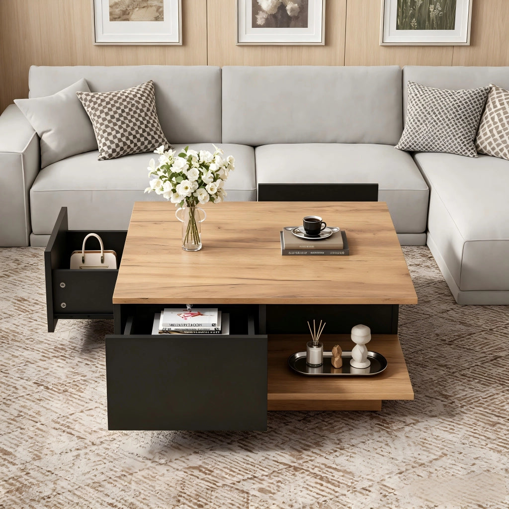 Tavolino da caff¨¨ quadrato 70 x 70 x 31,5 cm con 3 cassetti e vano aperto, colore nero e finitura legno