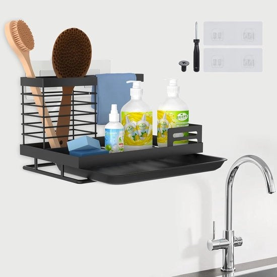 Organizzatore della vasca da bagno nero con contenitore di scarico e ganci ad aggancio per cucina e bagno
