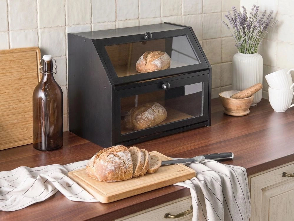 Contenitore per il pane a due ripiani scatola in bambù nero 42 x 25 x 33 cm decorativo con pannelli frontali trasparenti cucina moderna