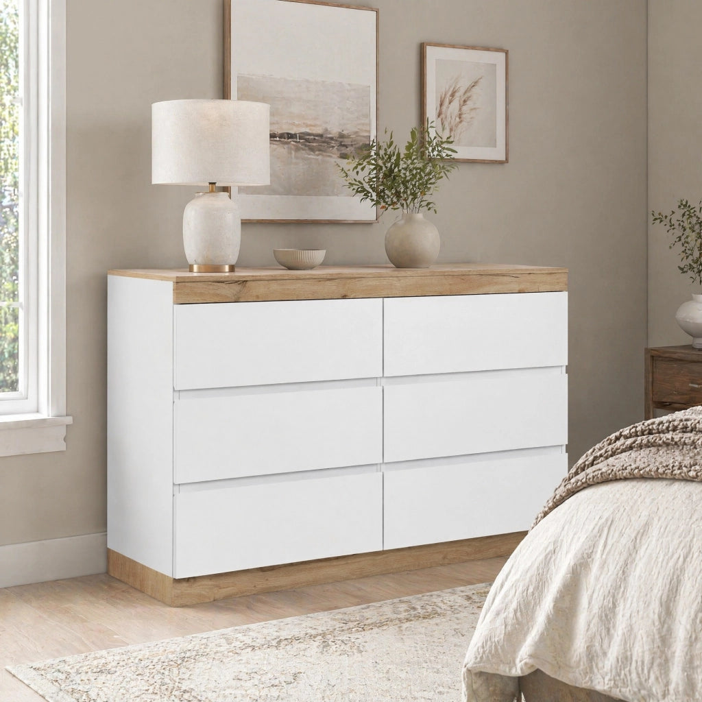 Cassettiera a 6 cassetti bianco e rovere, in truciolare E1, design classico con ampio spazio contenitivo
