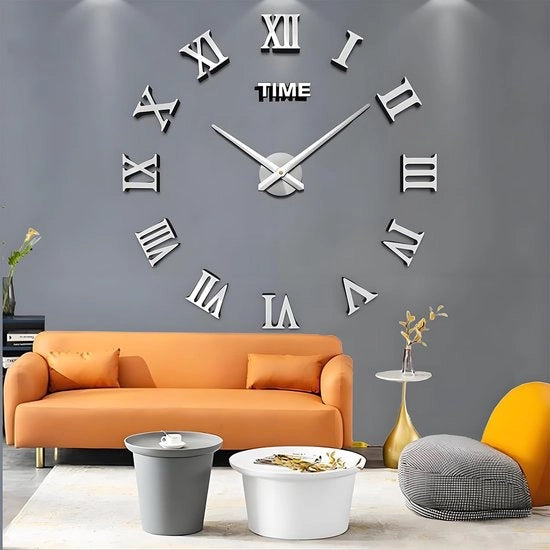 Orologio da Parete in Rame XXL con Riflessione Silenziosa e Sticker per Decorazione e Regalo (Argento)