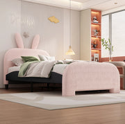 Letto 90x200 cm con 2 cassetti; testiera a coniglio; MDF e tessuto peluche rosa