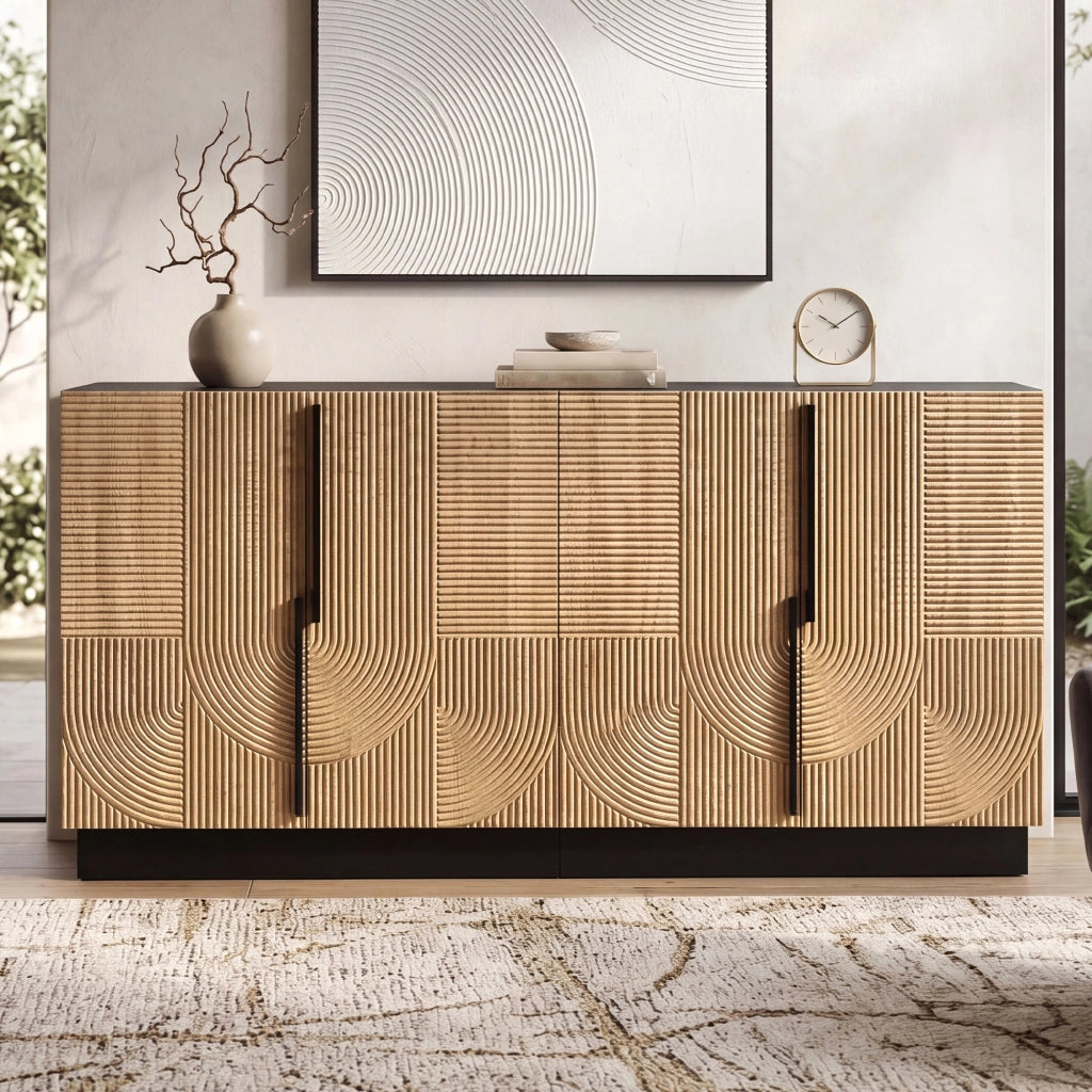 Credenza, mobile contenitore, ante con rilievi, maniglie in metallo, pannelli in truciolato + MDF, colore naturale e nero