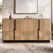Credenza, mobile contenitore, ante con rilievi, maniglie in metallo, pannelli in truciolato + MDF, colore naturale e nero