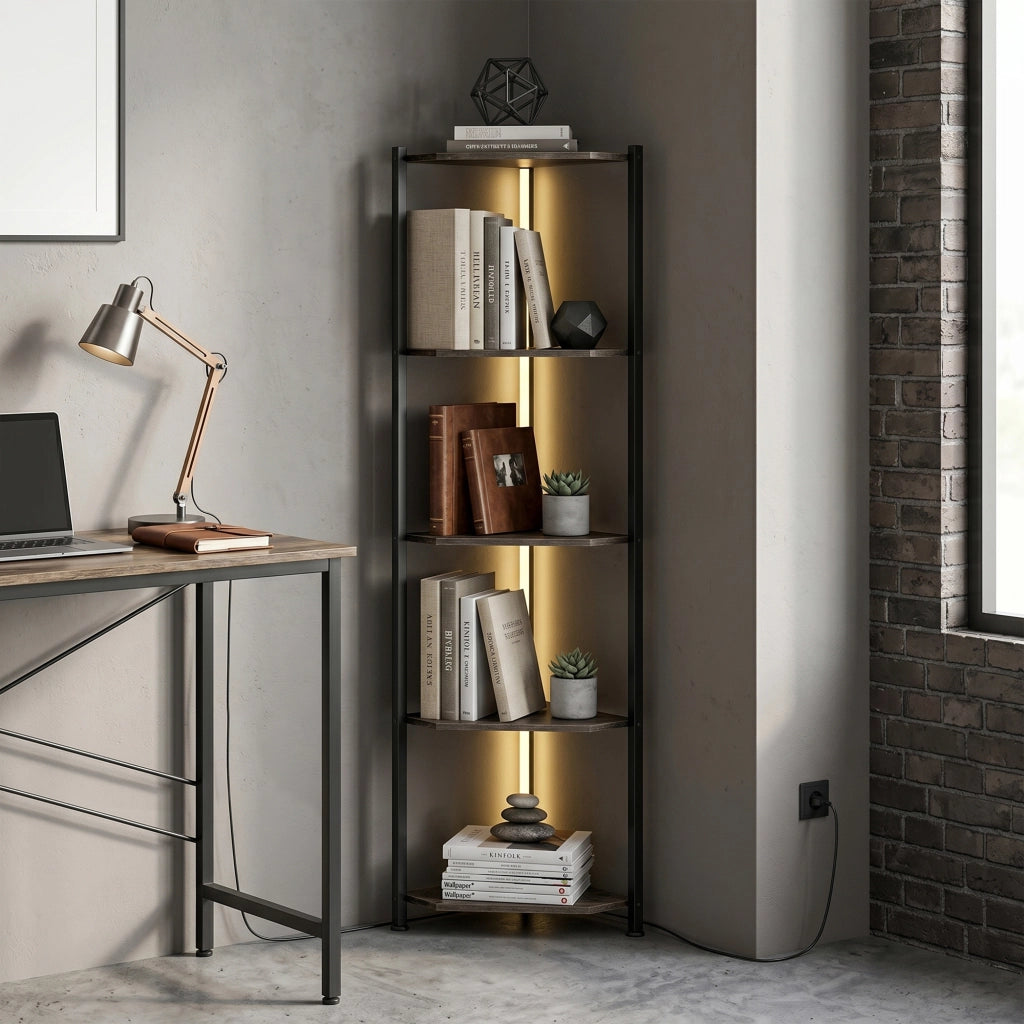 Libreria angolare 5 livelli con LED ¨C zephmum ¨C Rustico Marrone 100x30x200