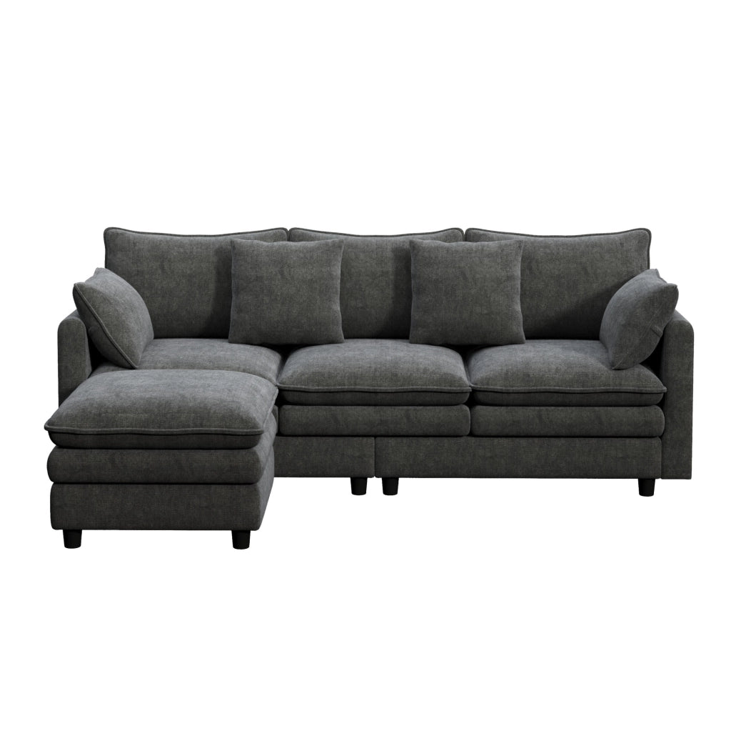 Divano angolare 212x150 cm grigio in ciniglia, chaise longue mobile