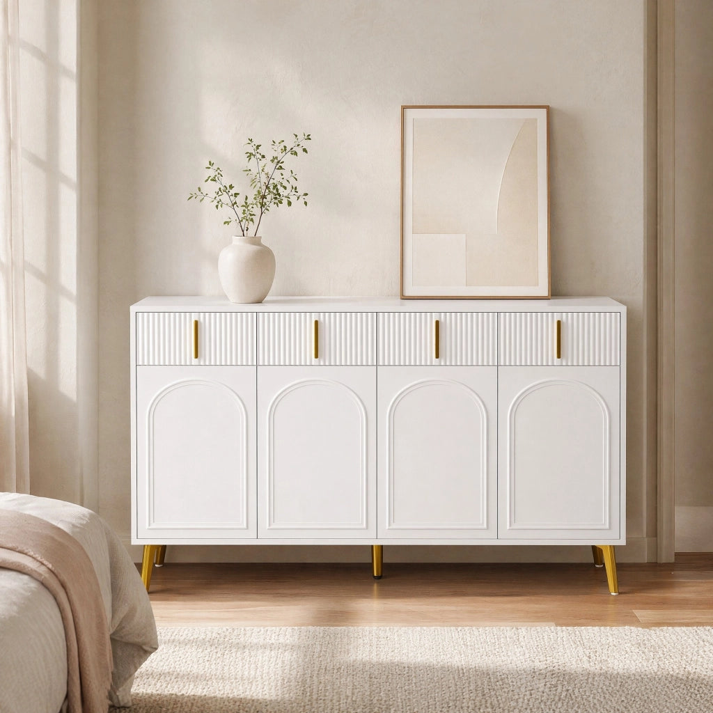 Credenza 140x38x82 cm in MDF bianco con 4 ante; 4 cassetti e dettagli oro