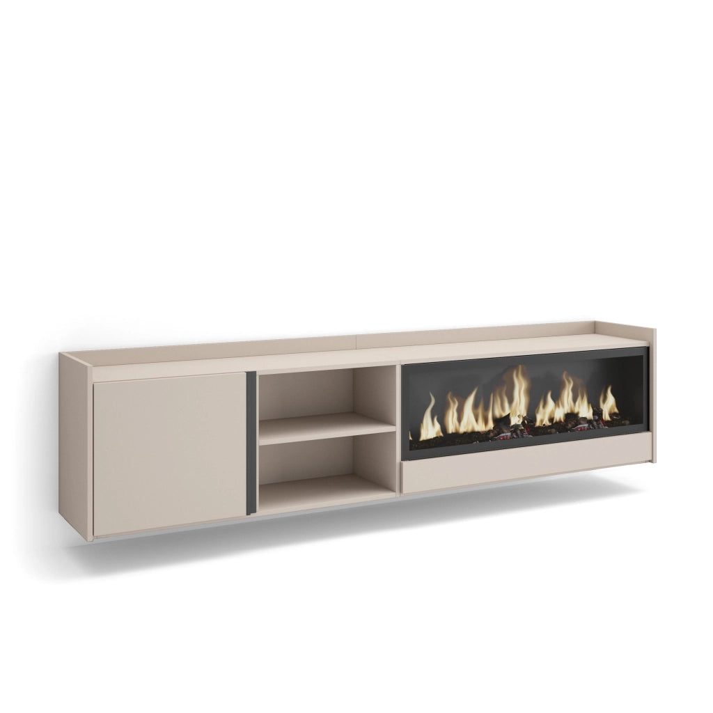 Mobile TV Soggiorno, 212x50x35 cm, Per TV fino a 80", Camino elettrico XXL, Sospeso, da appendere, Beige