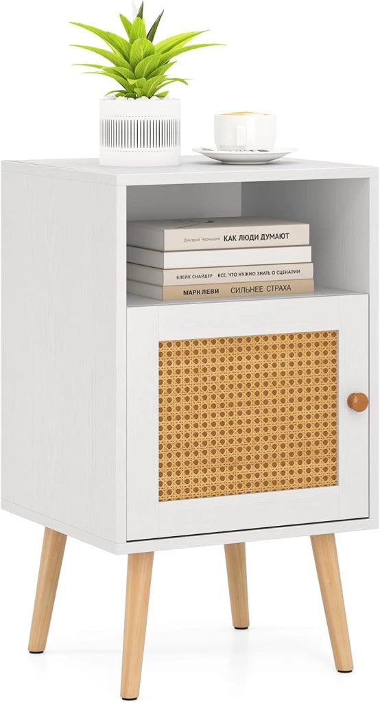 Comodino da Camera da Letto, Comodino in Legno con Porta in Rattan, Scomparto Aperto e Gambe in Legno Massello, Comò Moderno per Soggiorno e Studio, 40 x 39 x 70 cm (1, Naturale)