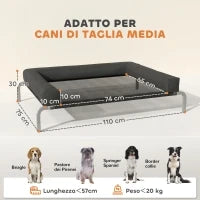 Lettino per Cani Rialzato di 19.5 cm con Cuscino a U, in Poliestere e Acciaio, 110x75x30 cm, Nero e Argento