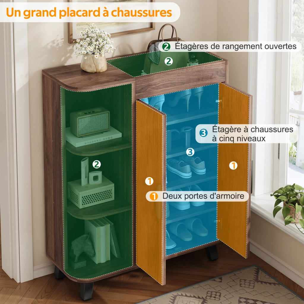 Scarpiera con vani aperti e ripiano superiore per ingresso e soggiorno in truciolare noce 80 × 32 × 99 cm