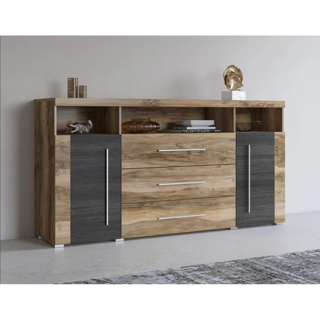 Buffet BRAZZA 2 porte 3 cassetti – Colore noce satinato – Nicchie aperte – 182 cm