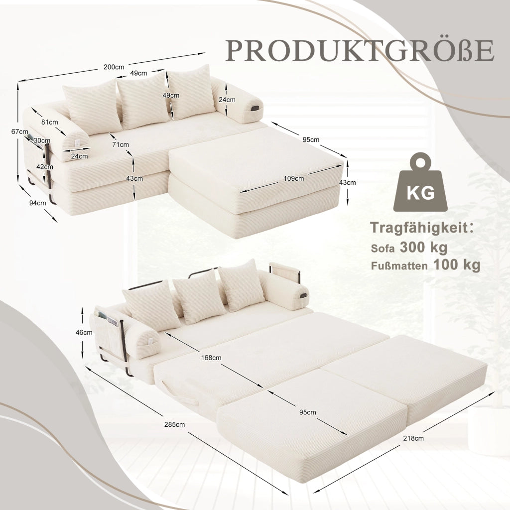 DIVANO modulare in velluto a coste 200x190x67 cm beige con pouf e 3 cuscini