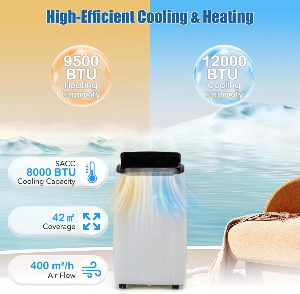 Condizionatore Portatile 12000 BTU, Climatizzatore 4 in 1 Raffreddamento & Deumidificazione & Ventilatore & Riscaldamento, 3 Modalità di Controllo, Timer 0-24H Risparmio Energetico (12000BTU)