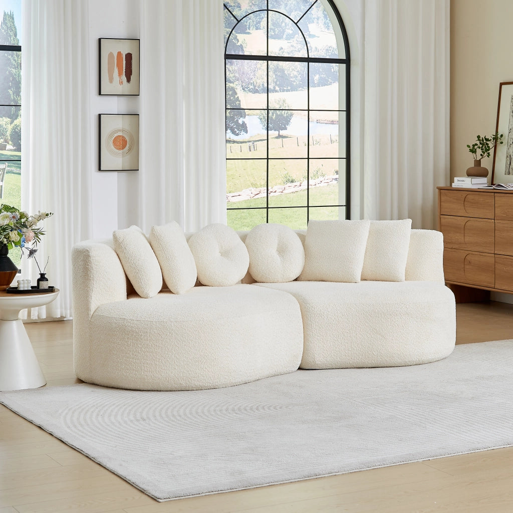 Divano modulare curvo a 2 moduli in ciniglia beige con set di 6 cuscini