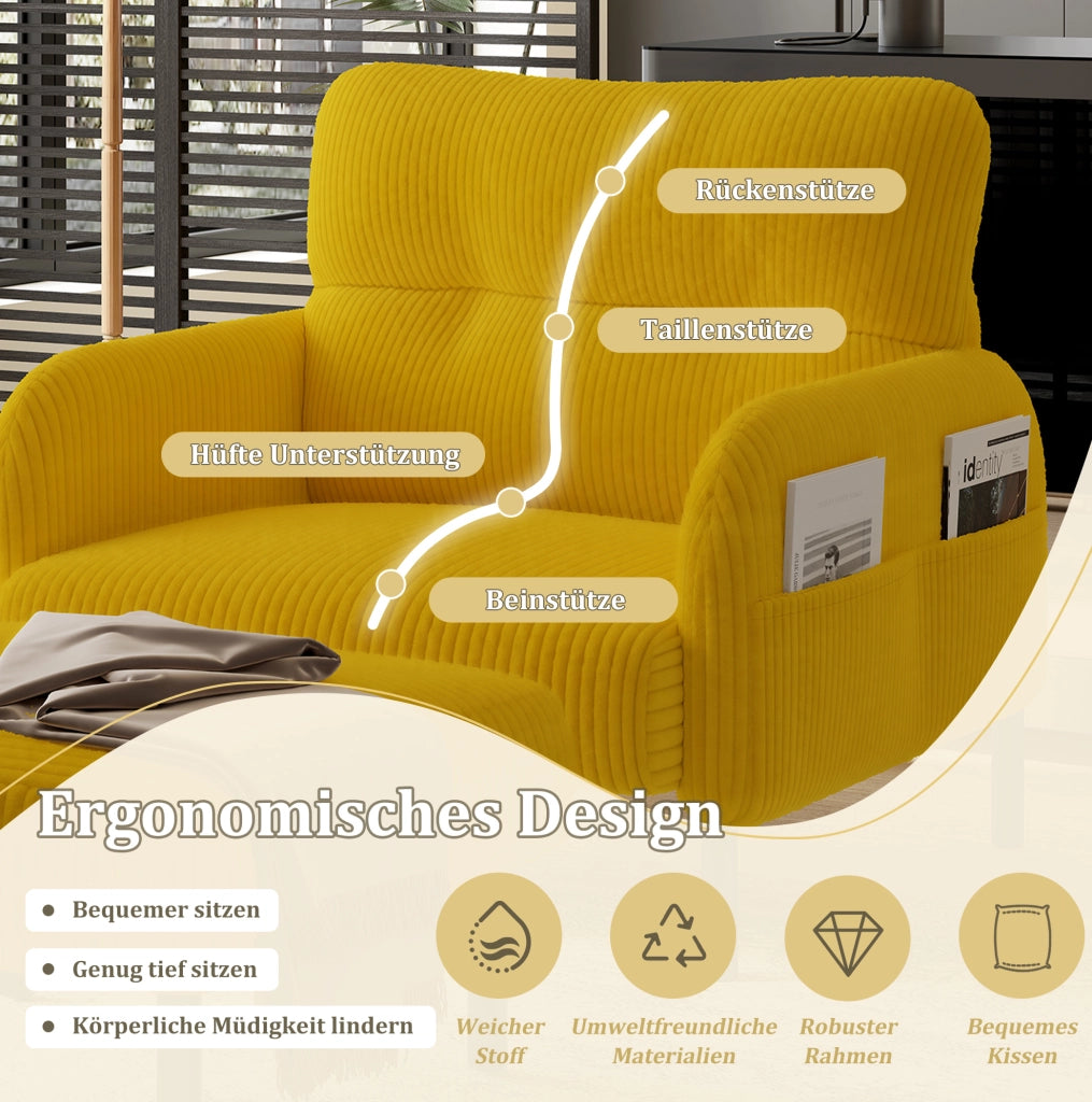 Poltrona singola in velluto a coste giallo con tasca laterale; 67x75x79 cm; struttura in metallo