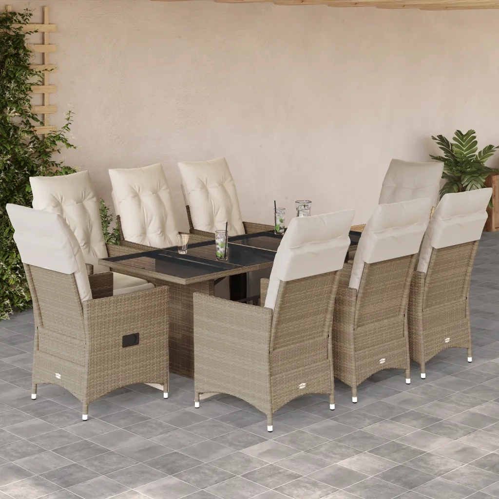 vidaXL Set da Bistrò da Giardino 9 pz con Cuscini Beige in Polyrattan