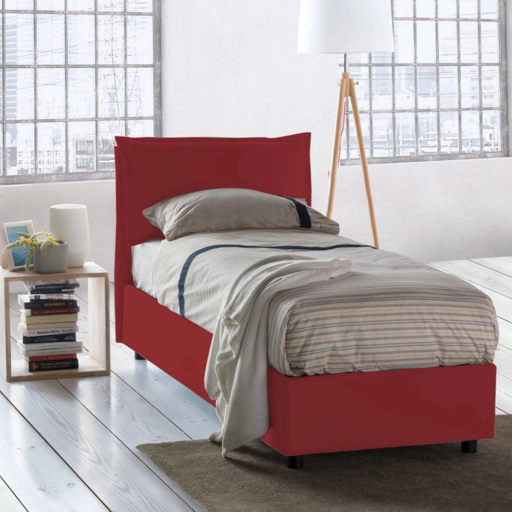 Letto singolo Arzon, Letto contenitore con rivestimento in tessuto, Made in Italy, Apertura frontale, con materasso cm 90x200 incluso, Rosso