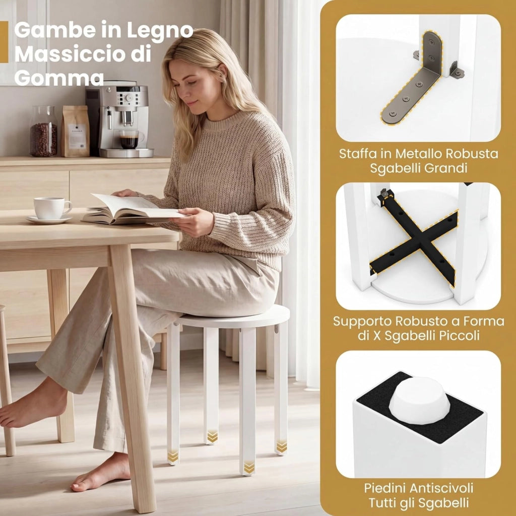 Set di 4 Sgabelli Impilabili 4 in 1, Sgabelli in Legno con Portavaso con Rotelle, 2 Grandi Ø36 cm e 2 Piccoli Ø35 cm, Tavolino Laterale Rotondo per Soggiorno e Camera da Letto (Bianco)