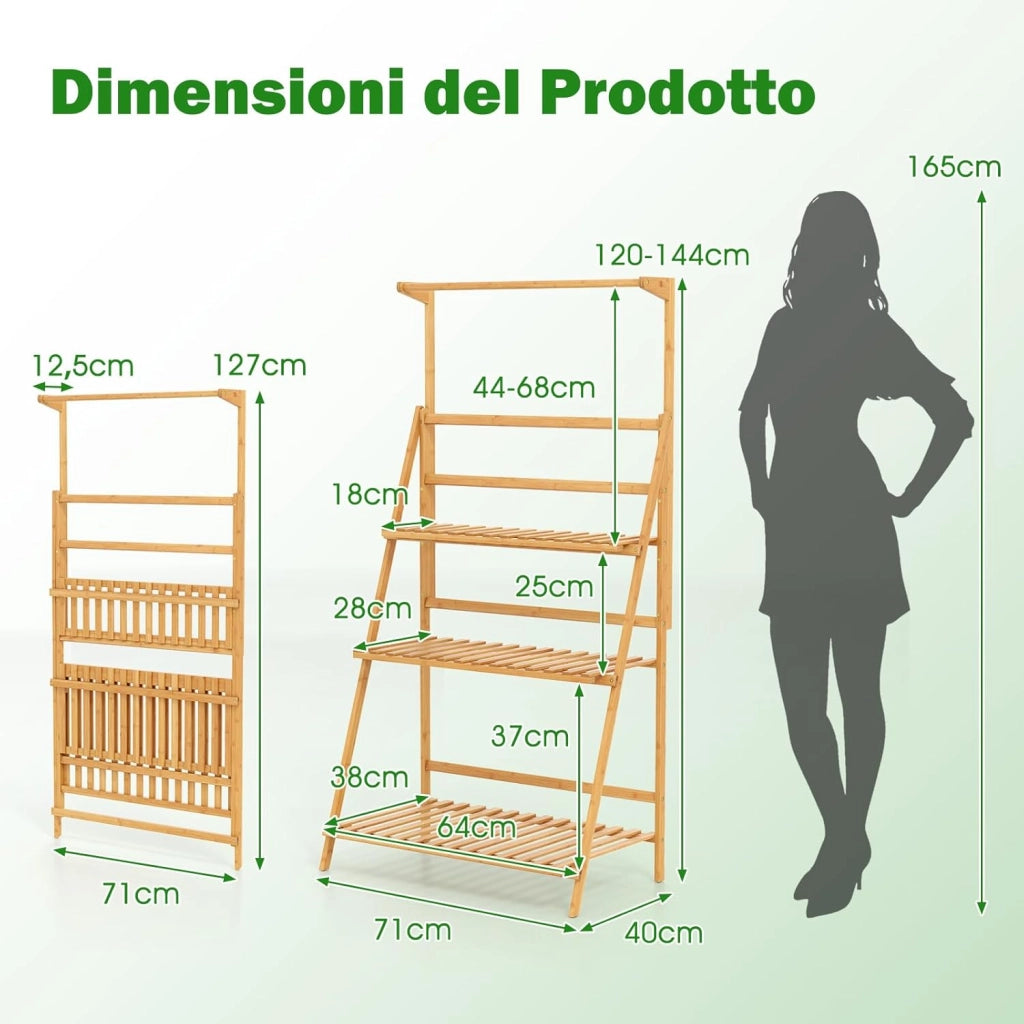 Porta Piante da Interno ed Esterno, Scaffale per Piante e Fiori a 3 Ripiani con Asta Rimovibile, Porta Vasi Pieghevole da Balcone, Giardino e Salotto, 71 x 40 x 144 cm