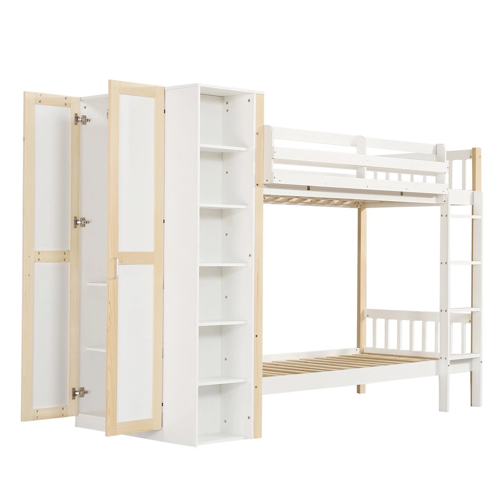 Letto a Castello Bambini con Armadio e Ripiani ¨C MINIMAL ¨C Pino+PB, Bianco/Naturale, 90x200cm