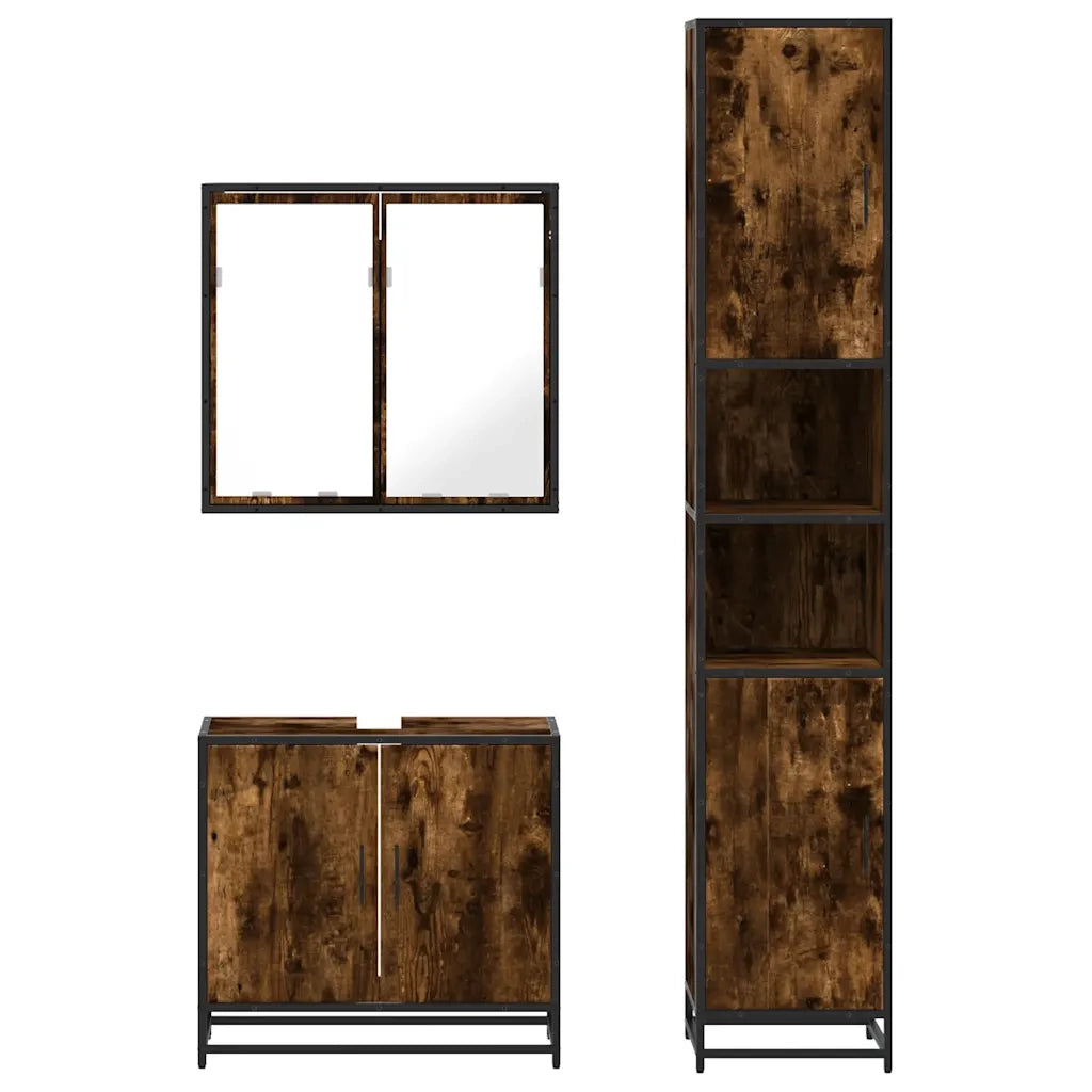 Set Mobili da Bagno 3 pz Rovere Fumo in Legno Multistrato
